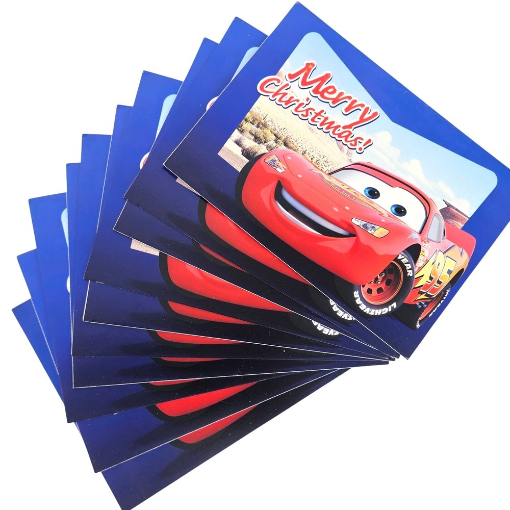 10 Vintage Disney Pixar Cars Lightning McQueen Merry Christmas Holiday Cards Set